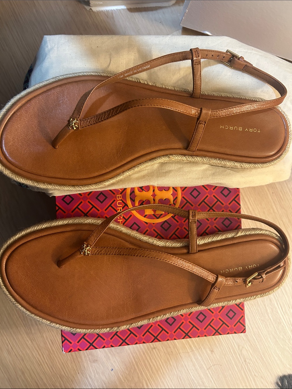 Tory Burch Cognac Leather T-Strap Espadrille Sandals